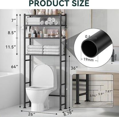 GloTika 4-Tier Over The Toilet Storage, 200lb Total Capacity Metal Bathroom Organizer with 36" Clearance, Includes Paper Holder & 4 Hooks, Space Saving Rack for Bathroom Laundry Room (64" H, Black)