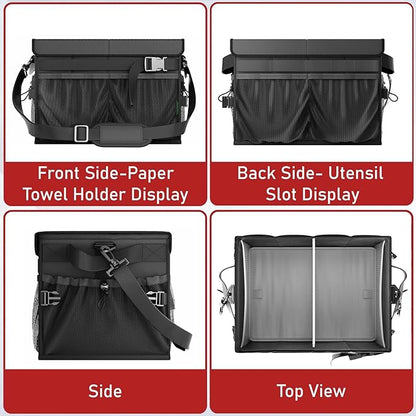 FANGSUN Black Grill Caddy, BBQ Organizer with Lid & Paper Towel Holder, Picnic Griddle Caddy for Outdoor Camping, Barbecue Accessories Organizer, 32L Capacity, Black