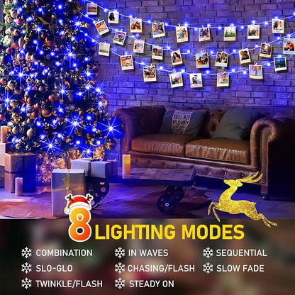 KNONEW Outdoor Christmas Lights 99ft 300 LED String Lights 8 Modes & Timer Fairy Light Plug in Waterproof LED String Lights for Xmas Yard Tree Wedding Party Holiday Decorations (Blue)
