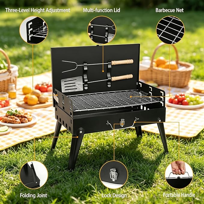 Portable Foldable Charcoal Grill Tabletop BBQ Suitcase with Grill Shelf Carry Bag Desktop Compact Charcoal Grill for Outdoor Camping and Picnic Grilling 16.7x10x17.7in (Black)