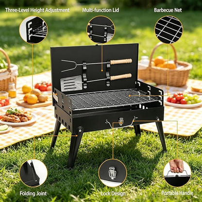 Portable Foldable Charcoal Grill Tabletop BBQ Suitcase with Grill Shelf Carry Bag Desktop Compact Charcoal Grill for Outdoor Camping and Picnic Grilling 16.7x10x17.7in (Black)