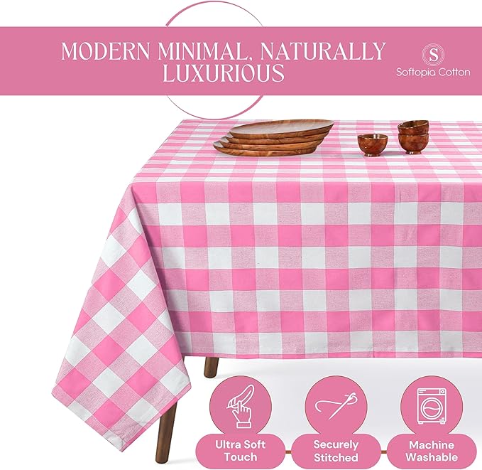 Rose Pink and White Buffalo Check Tablecloth, 60x84 Inches, Plaid Table Cover, 100% Cotton, Washable and Reusable, Perfect for Baby Showers, Birthdays, Weddings and Holiday Gatherings