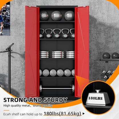 INTERGRAET 63" H Pantry Cabinet, Kitchen Pantry Storage Cabinets with 2 Doors and 4 Shelves, Metal Storage Cabinet,Cupboard for Home,Kitchen,Living Room/Dining, Black Red