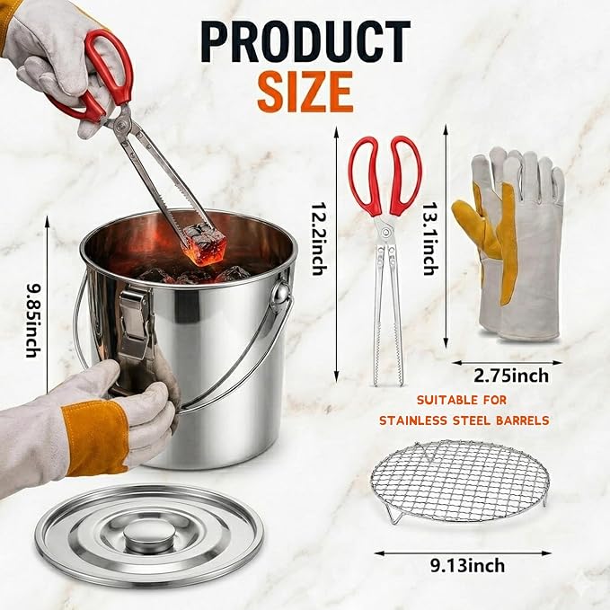 4 Pcs Charcoal Saver Extinguishing Bucket Set for Ash Collection | Heavy Duty Stainless Steel with Lockable Lid, 3 Gallon Capacity for Hot Charcoal, Grills, Campfires and Wood Burning Stoves