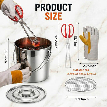 4 Pcs Charcoal Saver Extinguishing Bucket Set for Ash Collection | Heavy Duty Stainless Steel with Lockable Lid, 3 Gallon Capacity for Hot Charcoal, Grills, Campfires and Wood Burning Stoves
