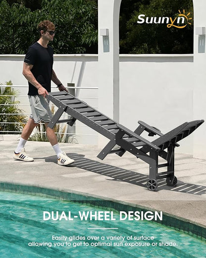 Chaise Lounge Outdoor, Lounge Chair Outdoor with Wood Texture, Adjustable 5-Position Backrest, HDPE Lounge Chair with Wheels & Cup Holder for Pool Deck Backyard, Dark Grey