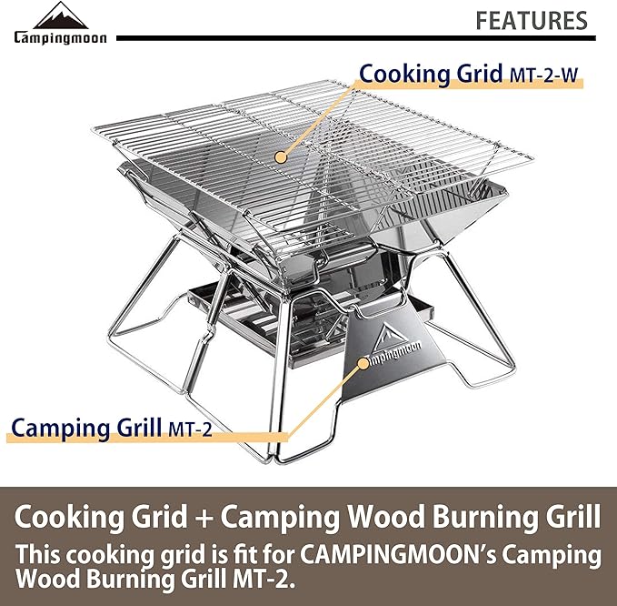 CAMPINGMOON Stainless Steel Foldable Camping Grills Portable Wood Burning Charcoal Grill 14-inch with Carrying Bag MT-2