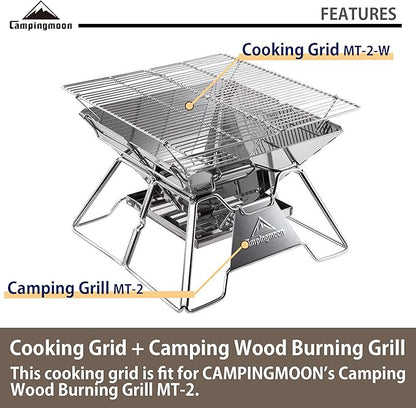 CAMPINGMOON Stainless Steel Foldable Camping Grills Portable Wood Burning Charcoal Grill 14-inch with Carrying Bag MT-2