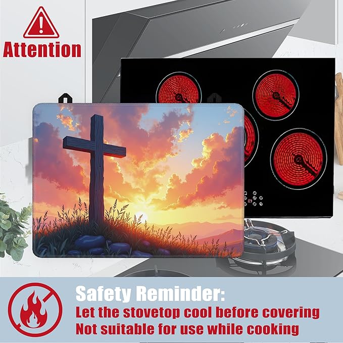 Wood Cross Stove Top Covers for Electric Stove,Easter Sunrise Glass Top Stove Cover, Heat Resistant Range Covers for Electric Stove,Washable Countertop Mat, 28 x 20 Inch