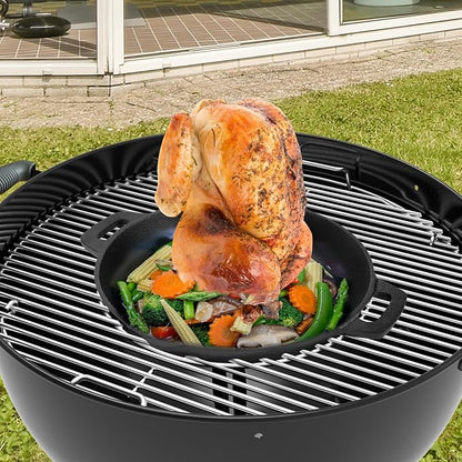 Charkettle Cast Iron Poultry Roaster Insert for Gourmet BBQ System | Beer Can Chicken Holder with Roasting Pan, Vertical Roaster Stand, Fit for 22" Kettle Grills/Oven/Smoker