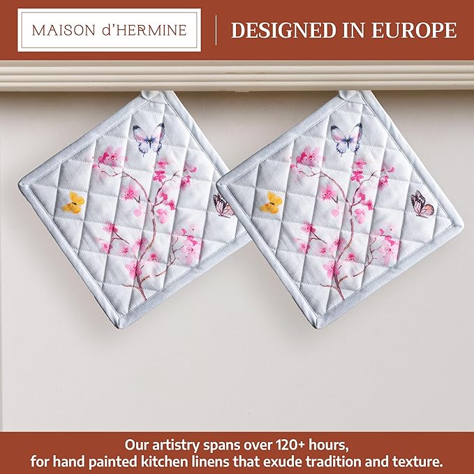 Maison d' Hermine Pot Holders 100% Cotton Heat Resistant Potholders 8" x 8" Hot Pads with Loop Cooking Baking Hotel Farmhouse Kitchen Handling Hot Pans Spring Summer (Pack of 2, Blossoms in Spring)