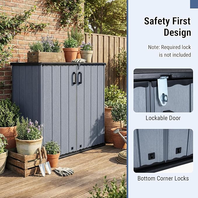 Tangkula 23.5 Cu.ft Outdoor Storage Shed, All-Weather Resin Patio Storage Box with Floor & Lockable Door, Waterproof Deck Box for Garden Tools, Pool Accessories