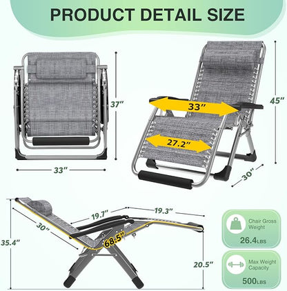 Suteck Oversized Zero Gravity Chair, 500LBS 33" XXL Reclining Lounge Chairs | W/Removable Cushion&Headrest, Upgraded Lock, Big Cup Holder and Footrest, Reclining Camping Chair Recliner for Indoor Outdoor