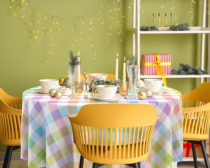 Spring Disposable Checkered Tablecloth Round Plastic Buffalo Plaid Table Cloth 84'' Gingham Pastel Tablecover for Picnic Camping BBQ Graduation Party(Macaron Colors, 6 Pieces)