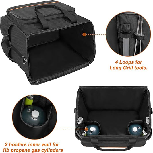GRAOSO Boat Grill Storage Bag Compatible with Magma Marine Kettles, Grill Cover Carrying Case with 4 Side Pockets for 1lb Propane Cylinders, Padded Handle and Shoulder Strap, Tools Pockets, Black