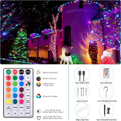 Solar Rope Lights Outdoor Waterproof 66Ft LED String Light with Remote | 200 LEDs 18 Colors Changing Solar Powered & USB Trampoline Light, RGB Strip Fairy Lighting for Outside Pool Christmas Decor