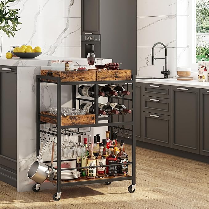TUTOTAK Bar Cart with Wheels, Drink Cart with Wine Rack and Glass Holder | 3-Tier 24.8 Inch Wide Home Bar Serving Carts, Small Mobile Kitchen Shelf with 6 Hooks, Rustic Brown BC01BB037
