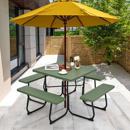 Tangkula 8 Person Picnic Table, Outdoor Square Picnic Table with 4 Built-in Benches, Umbrella Hole, Metal Frame & HDPE Tabletop, Outside Table and Bench Set for Backyard, 2300lbs Weight Capacity