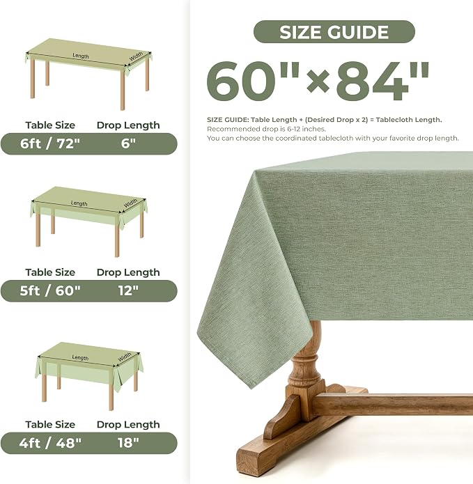 Decorelia Faux Linen Farmhouse Table Cloth 60"x84" for Rectangle Table, Sage Green Waterproof Outdoor Washable Cloth Tablecloth for Rectangular Dining Room Kitchen Outdoor Party Restaurant Decor