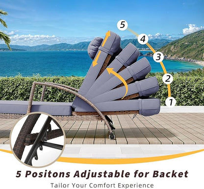 Set of 2 Chaise Lounge Chairs Outdoor, PE Rattan Wicker Poolside Recliners with 5-Position Adjustable Backrest, Blue Cushions, Armrests and Wheels, Patio and Garden Furniture for Beach and Backyard
