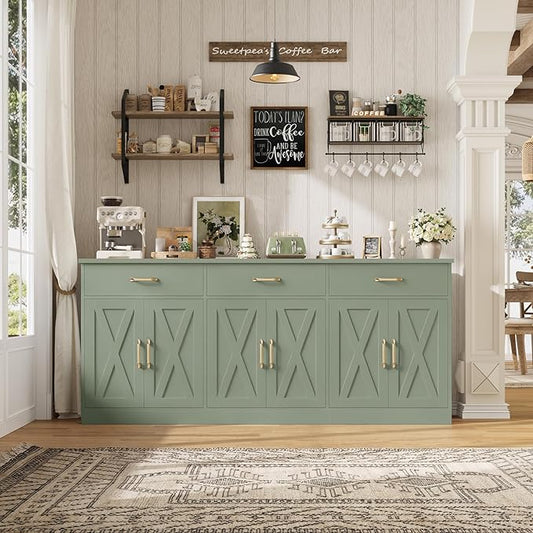 HOSTACK 71" Large Sideboard Buffet Cabinet with Storage, Farmhouse Coffee Bar Cabinet with 3 Drawers, Long Kitchen Buffet Table, Kitchen Sideboard Storage Cabinet for Dining Room, Living Room, Green