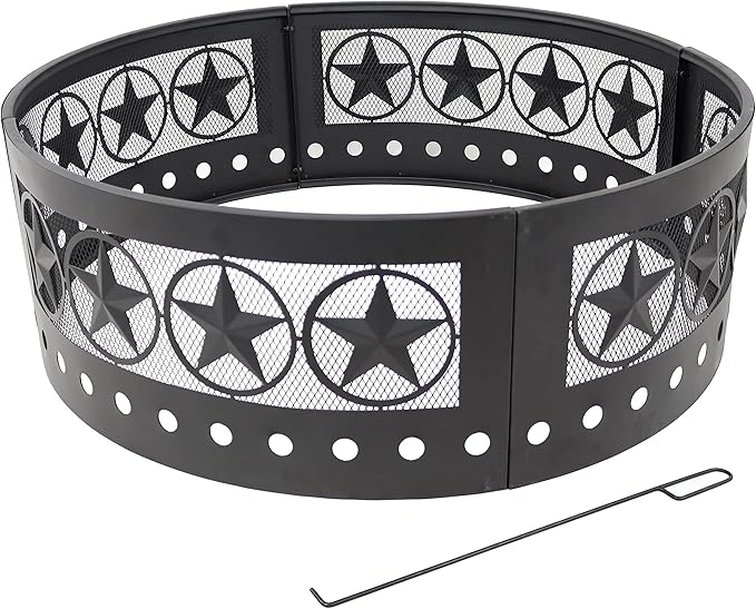 Sunnydaze 36-Inch Outdoor Fire Pit Ring with Poker - Round Heavy-Duty Steel Fire Ring for Camping or Backyard - 4-Star - 12" H