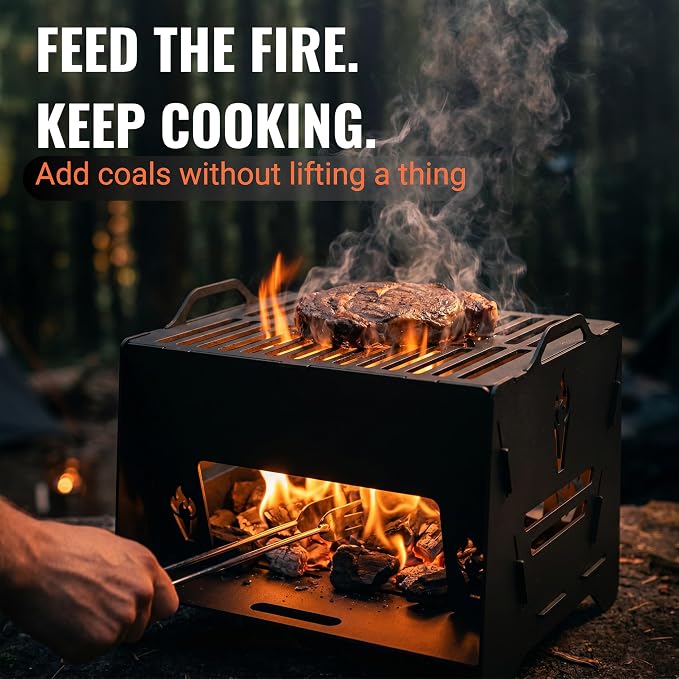 Portable Charcoal Grill – Small Camping Grill, Foldable Carbon Steel Collapsible Tabletop for Outdoor Cooking, Side Coal Slot, Carry Bag & Tong, Compact Fire Pit, BBQ Ready, Picnic & Motorhome