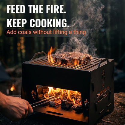 Portable Charcoal Grill – Small Camping Grill, Foldable Carbon Steel Collapsible Tabletop for Outdoor Cooking, Side Coal Slot, Carry Bag & Tong, Compact Fire Pit, BBQ Ready, Picnic & Motorhome