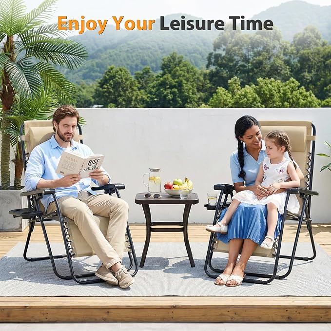 NEWBULIG Zero Gravity Chairs Set of 2, Folding Lounge Chair, Khaki | Portable Lawn Camping Recliner with Adjustable Pollow, Mesh Back, Cup Holder Trays for Pool Beach Patio