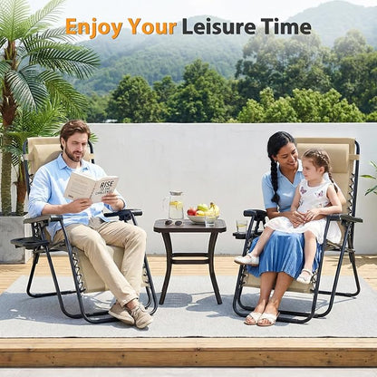 NEWBULIG Zero Gravity Chairs Set of 2, Folding Lounge Chair, Khaki | Portable Lawn Camping Recliner with Adjustable Pollow, Mesh Back, Cup Holder Trays for Pool Beach Patio
