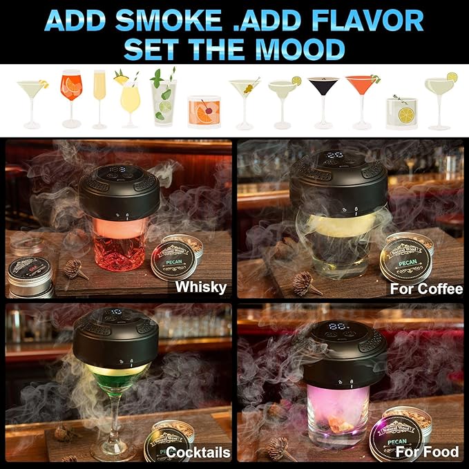 Electric Whiskey Smoker Kit - Rechargeable Cocktail Smoker with Built-in Lighter & Drink Smoker Kit 6 Wood Chips | Old Fashioned Smoker Kit Ideal Gift for Men, Dad, Husband