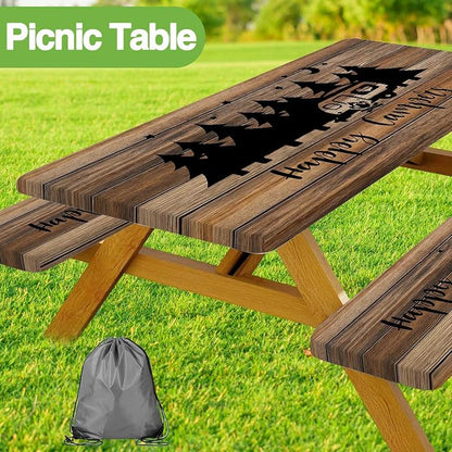 JAWO Picnic Table Cover with Bench Covers, Rustic Wooden Camper Fitted Table Cover, Outdoor Patio Camping Essentials, Waterproof Camping Fitted Tablecloth with Drawstring Bag, 30X60inches