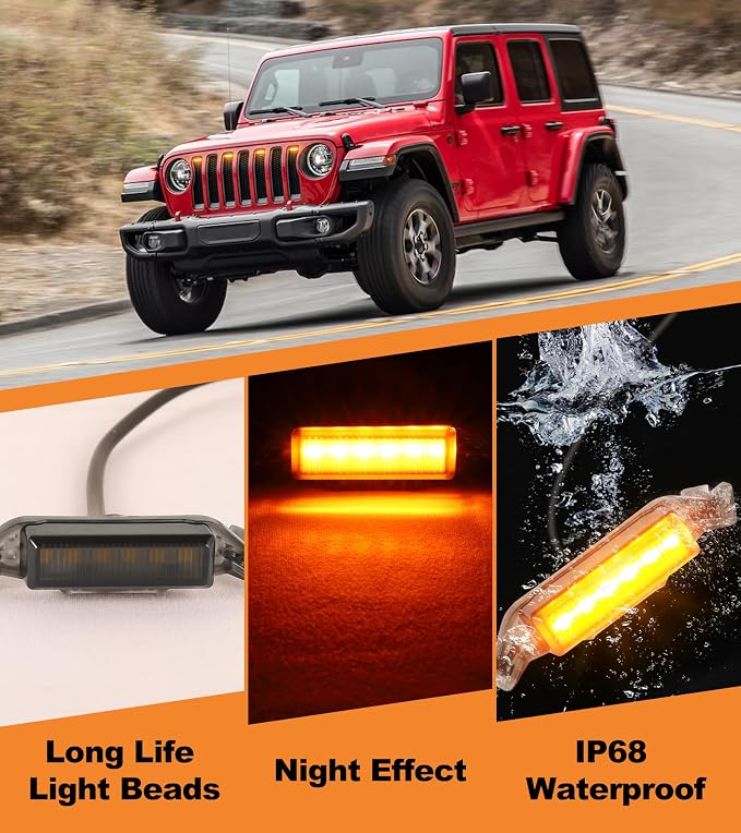 LED Grill Lights for Jeep Wrangler JL JLU Accessories 2018-2023, Amber | Direct-Snap Front Grille LED Accent Marker Lights, IP68 Waterproof, Enhanced Night Visibility, Raptor-Style Exterior Lighting