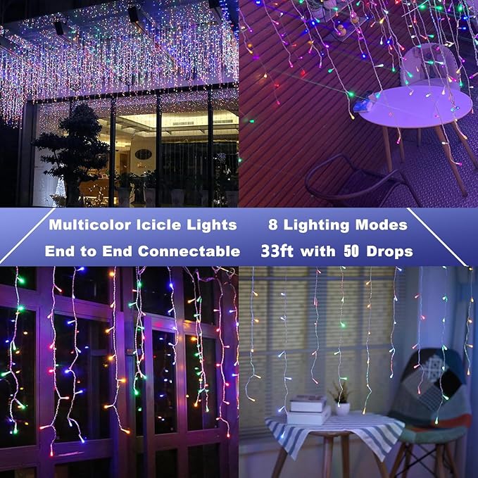 Joomer 33FT Christmas Icicle Lights Outdoor Connectable Multicolor | 50 Drops 8 Modes Timer Waterproof Plug-in String Light for Christmas Party, Holiday Eaves Roof Yard Xmas Decorations