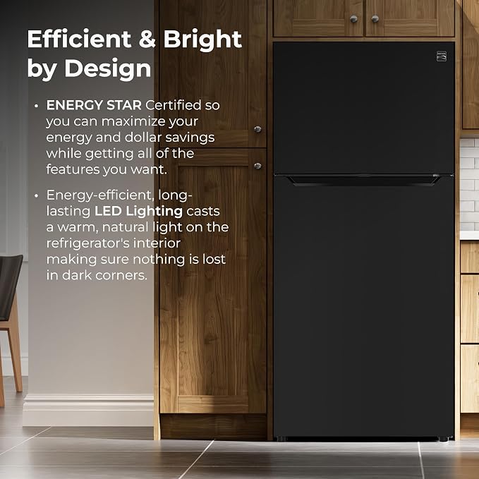 Kenmore 25 cu. ft. 33" Wide Top Mount Refrigerator - Black | Adjustable Glass Shelving, Humidity-Controlled Crispers, Gallon Door Bins, LED Lighting, ENERGY STAR Certified