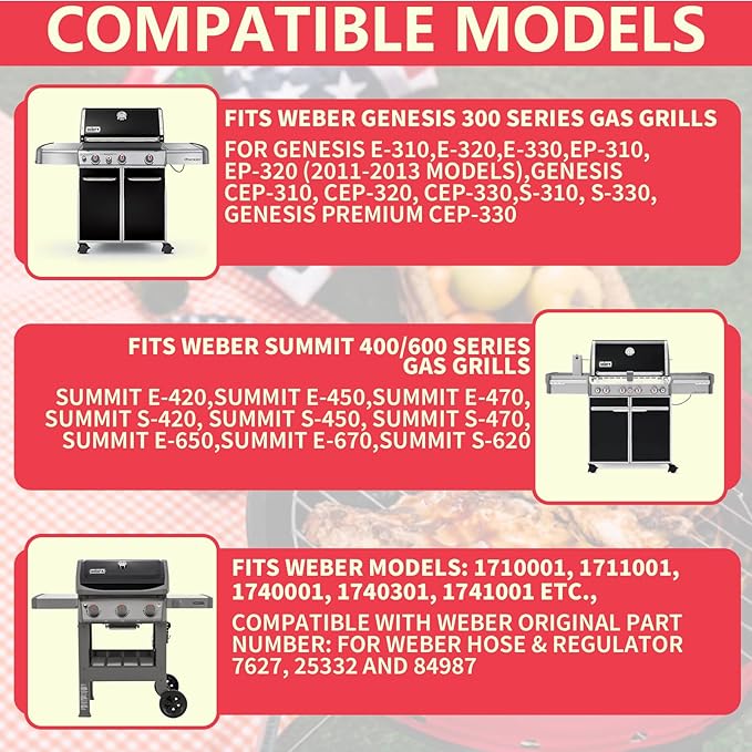 7627 Hose and Regulator Kit for Weber Genesis 300 Series(w/Front Control Knobs) & Summit 400/600 Gas Grills,Includes Silver/Gold Platinum Genesis Grill Parts for Weber Propane Hose 25332,84987,30 Inch