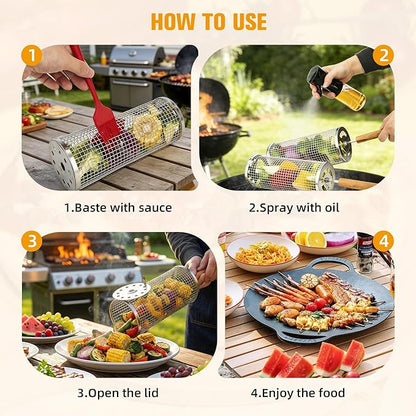 Rolling Grill Basket,7-Piece BBQ Set,Stainless Steel Grilling Basket with Lid and Removable Wooden Handle, BBQ Grill Accessories for Vegetables, Shrimp, Meat ,Outdoor Cooking Perfect Gifts for Men Dad Husband