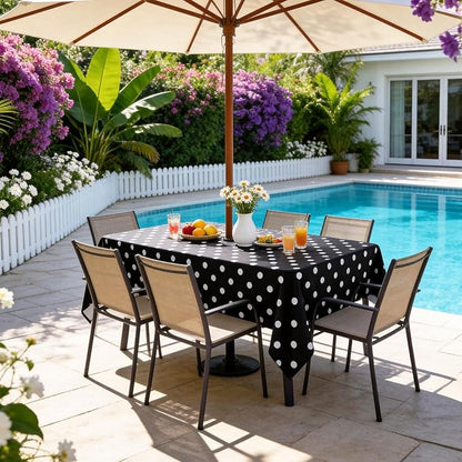 Poise3EHome Rectangle Outdoor Tablecloth with Umbrella Hole and Zipper,Black Dot 84x60 Inch,Polyester SpillProof Washable Table Cloth for Spring Summer Patio Garden Poolside Picnic Camping BBQS