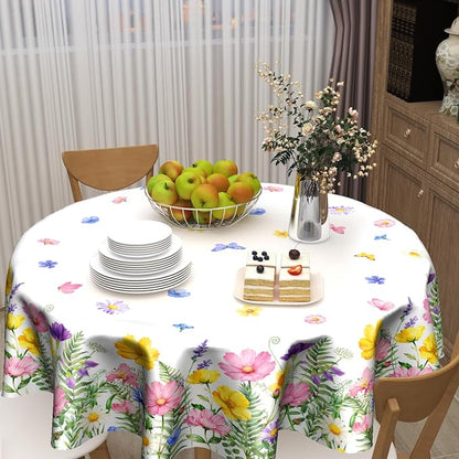 Sweetshow Spring Summer Colorful Floral Table Cloth Round Yellow Pink Purple Wildflowers Butterflies Tablecloth 70 Inch Decor Washable Stain and Wrinkle Spring Round Table Cover for Dining Picnic