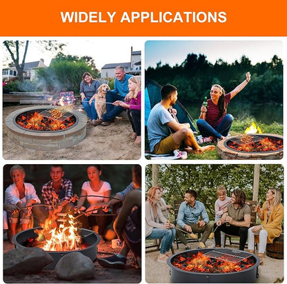 32" Outdoors Camping Firepit Ring, Wood Burning Fire Pits, Round Heavy Duty Firepits Ring with Tongs for Outdoor Park, Backyard