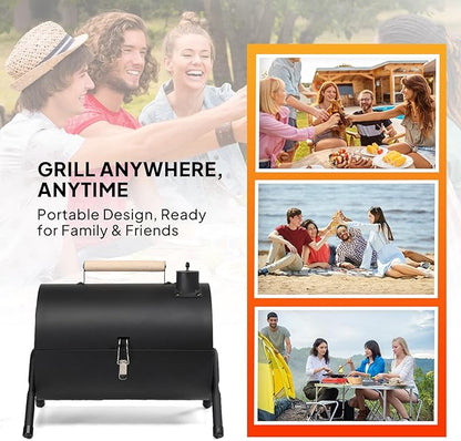Portable 2-in-1 Double Sided Charcoal Grill, Heavy Duty Metal Tabletop BBQ with Thermometer, Wooden Handle, Food Tray & Rack, Storage Bag Included for Camping Patio Picnic Travel, Easy Assembly