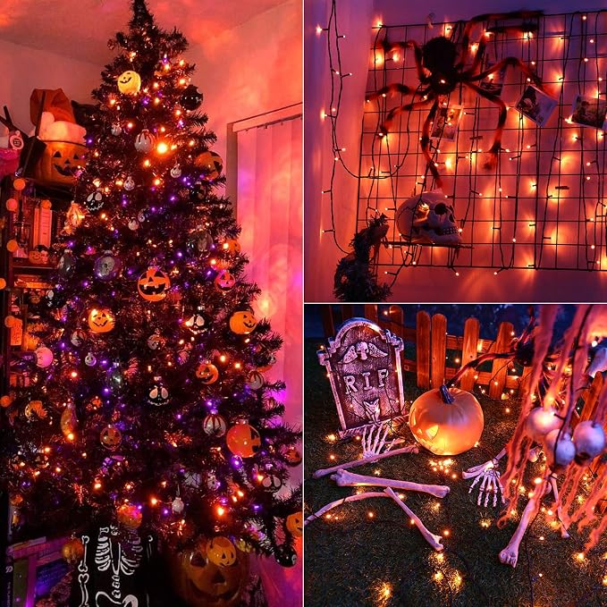 Brizled Outdoor Halloween Lights Indoor Orange Halloween LED Light String | 240 LED 95.14ft; 8 Mode; Connectable; Timer; Waterproof; Plugin Mini Halloween Light for Outside Spooky Porch Yard Tree Party