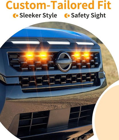Front Grill Lights for Nissan Frontier 2025-2027 S/SL/SV/Sport Only, Amber | Direct-Snap Installation; OEM-Style Fit; IP68 Waterproof LED; No-Drill Setup; Raptor-Style Front-End Upgrade; Off-Road Ready