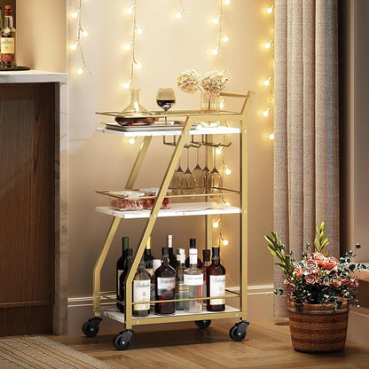 Bar Cart, 3-Tier Home Bar Serving Cart with Wheels, Drink Cart with Glass Holder, Beverage Cart, Rolling Kitchen Cart, for Home, Living Room, Gold BC03DW