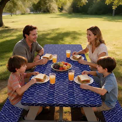 Picnic Table Cover with Bench Covers Windproof Waterproof Picnic Table Covers Camping Tablecloth with Self-Storage Bag, 72in, Dark Blue