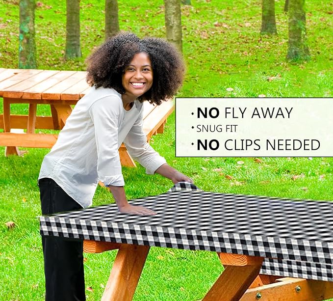 LINPRO 6ft Picnic Table Cover with Bench Covers Vinyl Fitted Picnic Table Covers with Elastic Camping Essentials and picnic tablecloth and RV Accessories with bag