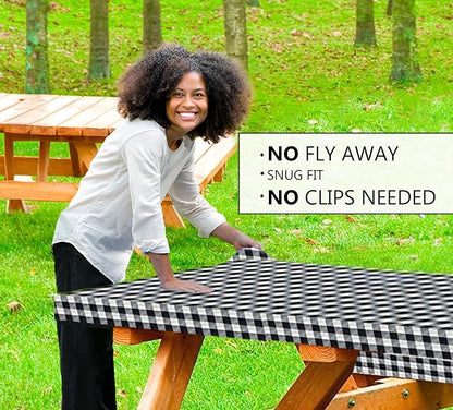 LINPRO 6ft Picnic Table Cover with Bench Covers Vinyl Fitted Picnic Table Covers with Elastic Camping Essentials and picnic tablecloth and RV Accessories with bag