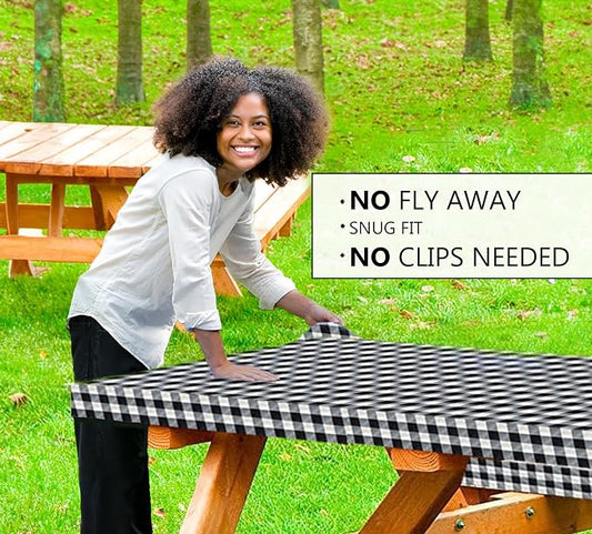 LINPRO 8ft Picnic Table Cover with Bench Covers Vinyl Fitted Picnic Table Covers with Elastic Camping Essentials and Picnic Tablecloth and RV Accessories with Bag