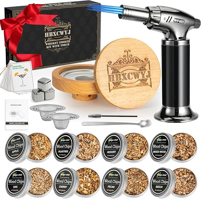 Whiskey Smoker Kit for Cocktails - Premium Oak Smoke Top with Torch (No Butane), 8 Flavors Wood Chips, 3 Ice Marbles & Cocktail Cards - Ideal Gift for Men, Dad, Husband, Whiskey Lovers Home Bar