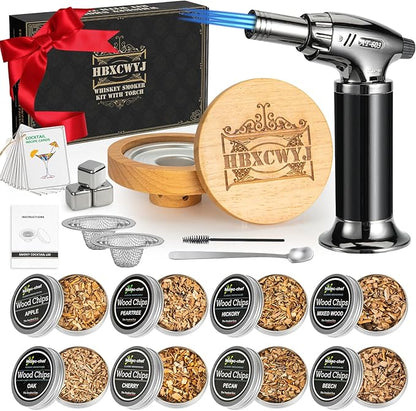 Whiskey Smoker Kit for Cocktails - Premium Oak Smoke Top with Torch (No Butane), 8 Flavors Wood Chips, 3 Ice Marbles & Cocktail Cards - Ideal Gift for Men, Dad, Husband, Whiskey Lovers Home Bar